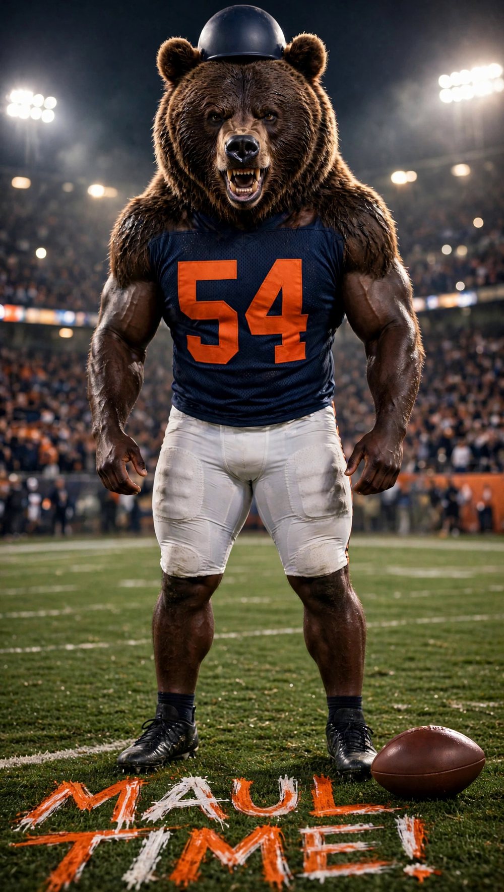 The raging bear in his number fifty-four jersey, standing on the field at Maul Time